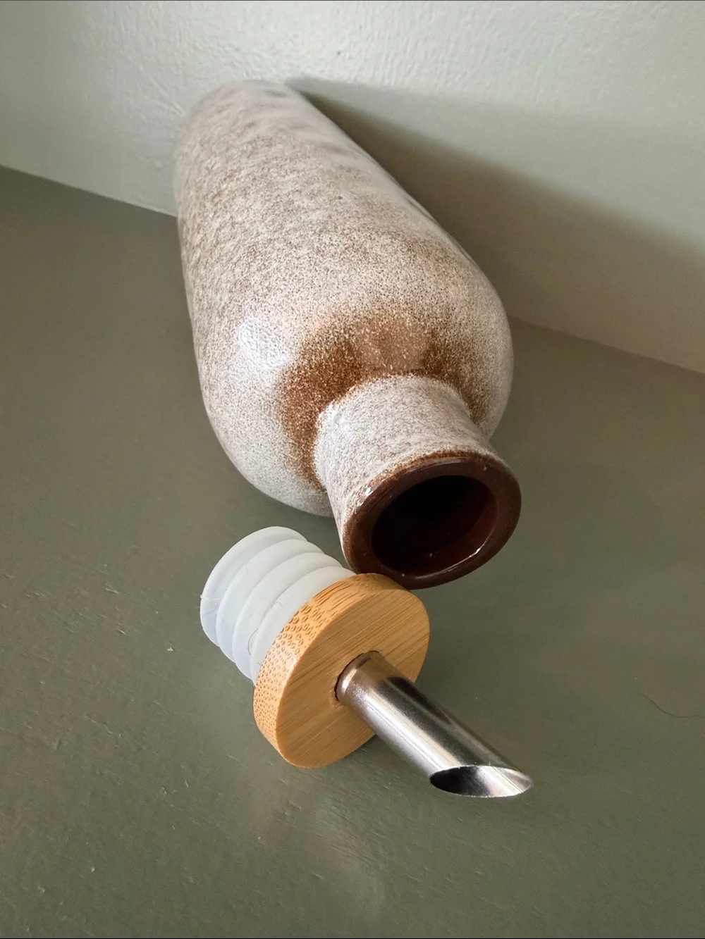 World Market Speckled Grey/Beige Ceramic Oil Dispenser with Spout